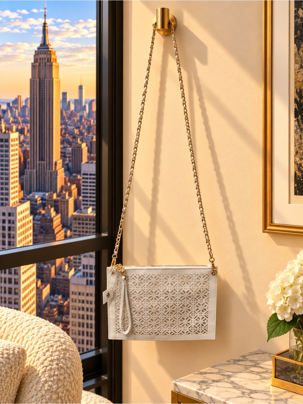 Tory Burch White Crossbody Wristlet Clutch Gold Logo Geometric Cutout Zip Pouch